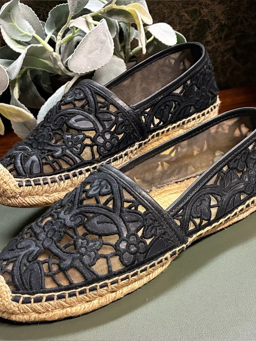 Tory Burch Jackie Black Floral Embroidered Lace Mesh Espadrille Flats